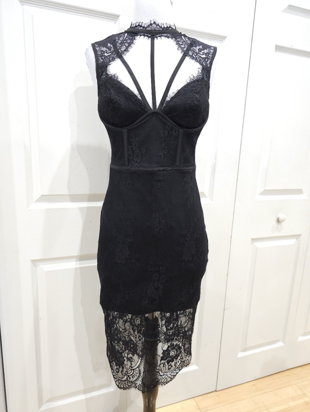 Vintage Y2K Goth Witchy Sexy Bebe Strappy Lace Corset Little Black Dress 00 XXS - Picture 12 of 16